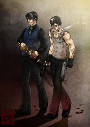  2boys black_hair blood brothers bruise cigarette dante_(dmc:_devil_may_cry) devil_may_cry devil_may_cry_(series) dmc:_devil_may_cry dress_shirt dual_wielding ebony_(devil_may_cry) fingerless_gloves gloves gun handgun holding injury ivory_(devil_may_cry) jewelry katana m1911 male_focus multicolored_hair multiple_boys necklace necktie red_eyes shirt short_hair siblings smoking sword tank_top two-tone_hair vergil_(dmc:_devil_may_cry) vest weapon white_hair yamato_(sword)  rating:Sensitive score:48 user:roger_smith