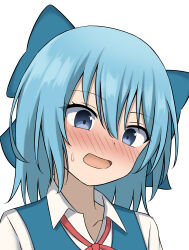  1girl absurdres blue_bow blue_eyes blue_hair blush bow cirno close-up collared_shirt commentary_request embarrassed eyelashes full-face_blush hair_between_eyes hair_bow highres huge_bow looking_down medium_hair neck_ribbon nose_blush open_mouth red_ribbon ribbon shirt simple_background solo straight_hair sweatdrop szl touhou tsurime white_background white_shirt 