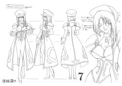 00s 1girl absurdres breasts card_(medium) character_sheet cleavage forte_stollen galaxy_angel hat highres large_breasts looking_at_viewer monochrome monocle multiple_views official_art short_hair simple_background smile solo standing thick_thighs thighs white_background wide_hips