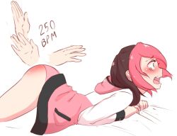  arched_back ass bandaid bed_sheet deredereday hood hoodie lying non-web_source on_stomach osu! pink_hair pippi_(osu!) sheet_grab slap_mark slapping 