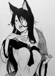  1girl animal_ear_fluff animal_ears breasts brooch cleavage commentary_request dress fingernails greyscale hair_between_eyes hand_on_own_chest imaizumi_kagerou jewelry large_breasts long_bangs long_hair long_sleeves looking_at_viewer monochrome off-shoulder_dress off_shoulder open_mouth ozma_(yozakura) sharp_fingernails simple_background slit_pupils solo tail touhou traditional_media upper_body very_long_fingernails very_long_hair wolf_ears wolf_girl wolf_tail 