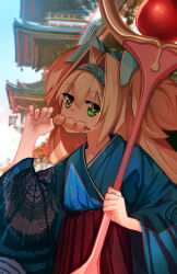  1girl absurdres advarcher blazblue blazblue:_continuum_shift blonde_hair blue_bow blue_hairband blue_kimono blurry blurry_background bow covered_mouth day depth_of_field food food_request green_eyes hair_bow hair_intakes hairband hakama hakama_skirt highres holding holding_food japanese_clothes kimono long_hair long_sleeves looking_at_viewer outdoors pagoda platinum_the_trinity red_hakama skirt solo two_side_up very_long_hair wide_sleeves 