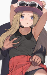  1boy 1girl armpits arms_up black_bow black_panties black_shirt blue_eyes blush bow bow_panties breasts brown_hair closed_mouth clothes_lift covered_erect_nipples creatures_(company) eyewear_on_headwear fedora forehead frown game_freak grabbing grabbing_another&#039;s_breast grabbing_from_behind groping hat hetero lifting_another&#039;s_clothes long_hair long_sleeves looking_at_viewer medium_breasts nintendo panties pink_headwear pokemon pokemon_xy red_skirt serena_(pokemon) shirt skirt skirt_lift sleeveless sleeveless_shirt solo_focus spring2013 sunglasses sweat underwear upskirt white-framed_eyewear  rating:Explicit score:115 user:BlackJoe01