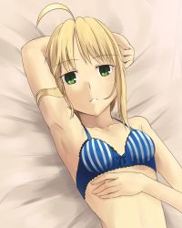 1girl ahoge alternate_costume armpits artoria_pendragon_(all) artoria_pendragon_(fate) blonde_hair blush boa_(brianoa) bra breasts fate/stay_night fate_(series) green_eyes highres looking_at_viewer lying on_back saber_(fate) short_hair small_breasts solo striped underwear vertical_stripes rating:Questionable score:11 user:danbooru