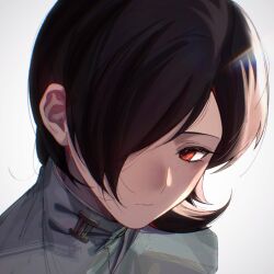  1boy backlighting bishounen black_hair brooch close-up closed_mouth commentary_request ebisawa_ebibibi eyelashes grey_background hair_over_one_eye highres jewelry kurosu_jun long_eyelashes looking_to_the_side male_focus persona persona_2 red_eyes school_uniform short_hair simple_background solo white_background 