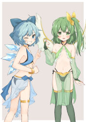  2girls absurdres armpits black_panties blue_bow blue_eyes blue_hair bow bracelet breasts choker cirno commentary_request commission daiyousei fairy fairy_wings green_eyes green_footwear green_hair hair_bow highres ice ice_wings jewelry loincloth loli multiple_girls navel panties sarong see-through side_ponytail skeb_commission small_breasts smile take_no_ko_(4919400) team_9 touhou underwear wings 