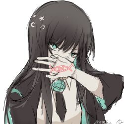  1girl 7026jaja ado_(utaite) black_coat black_hair black_necktie blue_eyes blue_hair chando_(ado) chinese_commentary cloud_nine_inc coat collared_shirt colored_inner_hair commentary_request covering_own_mouth flower_brooch hand_up highres long_hair looking_at_viewer mole mole_under_eye multicolored_hair necktie shirt simple_background sleeves_past_elbows solo twitter_username two-tone_hair upper_body utaite white_background white_shirt 