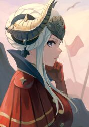  1girl breasts cape commentary_request edelgard_von_hresvelg fire_emblem fire_emblem:_three_houses from_side gloves hand_on_own_chin helmet highres horns labebebe_lee large_breasts long_hair looking_at_viewer nintendo outdoors profile purple_eyes sidelocks sky solo upper_body white_hair 