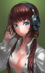  1girl bad_id bad_pixiv_id blue_eyes blush breasts brown_hair cleavage dress_shirt hair_tubes headphones kfr light_smile long_hair low_twintails no_bra open_clothes open_shirt original shirt simple_background smile solo twintails unbuttoned upper_body  rating:Sensitive score:25 user:danbooru