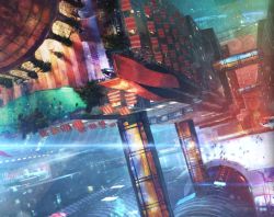  3boys 4girls bad_id bad_pixiv_id city cityscape dancing flower from_above lotus marvella_aurelie multiple_boys multiple_girls original scenery science_fiction tree water 