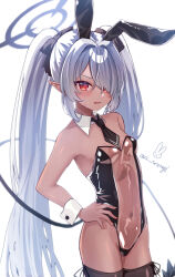  1girl alternate_costume animal_ears armpits bare_shoulders black_leotard black_thighhighs blue_archive bow breasts cleavage collarbone commentary covered_navel dark-skinned_female dark_skin demon_girl demon_tail detached_collar fake_animal_ears grey_hair hair_bow hair_over_one_eye hair_ribbon halo hand_on_own_hip highres iori_(blue_archive) leotard long_hair looking_at_viewer meme_attire necktie parted_bangs parted_lips playboy_bunny pointy_ears rabbit_ears red_eyes red_necktie ribbon sese_nagi sidelocks simple_background solo strapless strapless_leotard sweatdrop tail thighhighs translucent_bunnysuit twintails white_background 