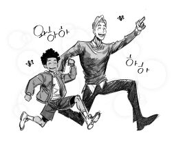 2boys afro dark-skinned_male dark_skin hand_up height_difference highres jacket jungyun99 korean_text male_focus marvel miles_morales multiple_boys pointing ripeter_(spiderverse) running shorts smile spider-man:_into_the_spider-verse spider-man_(series) spider-verse sweater_vest