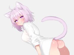  1girl absurdres ahoge animal_ear_fluff animal_ears bottomless breasts cat_ears cat_girl cat_tail highres hololive large_breasts looking_at_viewer medium_hair mingkozus naked_shirt nekomata_okayu nekomata_okayu_(oversized_shirt) official_alternate_costume open_clothes open_shirt purple_eyes purple_hair shirt short_hair simple_background solo tail virtual_youtuber  rating:Questionable score:34 user:danbooru