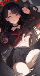 1girl absurdres armband black_choker black_hair black_sailor_collar black_serafuku black_skirt black_wings blue_archive blush choker cowboy_shot feathered_wings feathers feet_out_of_frame floor grey_eyes hair_ornament hairclip halo highres ichika_(blue_archive) long_hair looking_at_viewer neckerchief one_eye_closed open_mouth pang-yo pleated_skirt red_armband red_halo red_neckerchief sailor_collar school_uniform serafuku skirt solo thighs unusually_open_eyes wings 