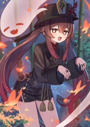  1girl black_nails black_shirt black_shorts blurry blurry_background boo_tao_(genshin_impact) brown_eyes brown_hair brown_tassel bug butterfly chinese_clothes commentary_request depth_of_field flower flower-shaped_pupils genshin_impact ghost ghost_pose hair_between_eyes hat hat_flower highres hu_tao_(genshin_impact) insect jewelry long_hair long_sleeves multiple_rings open_mouth orange_butterfly outdoors porkpie_hat revision ring shirt shorts smile solo symbol-shaped_pupils thighs twintails zenshin  rating:General score:8 user:danbooru