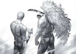  2boys ass back_muscles cowboy_shot facing_away fighting_stance from_behind greyscale holding holding_sword holding_weapon killer_(one_piece) long_hair male_focus monochrome multiple_boys nisir0 one_piece pants ready_to_draw roronoa_zoro shirt short_hair side-by-side sword tight_clothes tight_shirt trait_connection very_long_hair wavy_hair weapon  rating:General score:2 user:danbooru