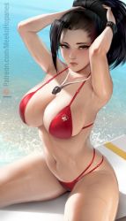1girl adjusting_hair armpits arms_up bare_shoulders bikini bikini_under_clothes black_hair blue_eyes boku_no_hero_academia breasts cleavage closed_mouth cowboy_shot day large_breasts lips looking_at_viewer meekohopanes navel ocean outdoors patreon_username ponytail red_bikini sitting solo surfboard swimsuit thick_thighs thighs watch wristwatch yaoyorozu_momo rating:Questionable score:243 user:danbooru