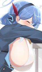  1girl ^_^ ako_(blue_archive) bell blue_archive blue_hair breasts closed_eyes commentary_request from_side hair_between_eyes hairband halo head_rest highres huge_breasts large_breasts long_hair long_sleeves murota_(mrt0818) neck_bell sideboob sidelocks simple_background sleepy solo white_background 