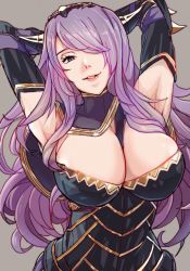  1girl armpits arms_behind_head arms_up breasts camilla_(fire_emblem) cleavage fire_emblem fire_emblem_fates hair_over_one_eye highres large_breasts long_hair looking_at_viewer nintendo purple_eyes purple_hair smile solo wavy_hair  rating:Sensitive score:28 user:dusany24