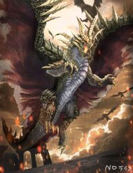  claws dragon dragon_claw dragon_horns dragon_tail dragon_wings fantasy flying glowing_mouth guanzorumo_(monster_hunter) highres horns large_wings monster monster_hunter monster_hunter_(series) monster_hunter_frontier no86484588 no_humans scales sky tail western_dragon wings 