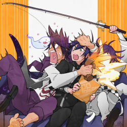  3boys arm_belt asymmetrical_sleeves belt black_footwear black_jacket black_pants black_scarf black_sleeves blue_hair bowl buttons checkered_clothes checkered_scarf coat coat_partially_removed coattails collared_coat collared_jacket commentary_request crushing cup danganronpa_(series) danganronpa_v3:_killing_harmony dated denim disposable_cup double-breasted drink feet_out_of_frame fingernails fishing_rod food foot_out_of_frame green_eyes heart heart_in_mouth high_collar holding holding_bowl holding_drink holding_fishing_rod indoors inflatable_ghost inflatable_toy jacket jeans layered_sleeves leaning_to_the_side long_sleeves looking_at_object male_focus mismatched_sleeves momota_kaito movie_theater multiple_belts multiple_boys o_o oma_kokichi on_chair open_clothes open_jacket open_mouth orange_background pants popcorn purple_coat purple_footwear purple_hair purple_pants purple_sleeves saihara_shuichi scared scarf shirt shoe_loss shoes short_hair signature simple_background sitting slippers soles space_print spilling starry_sky_print striped_background sweat teeth thigh_belt thigh_strap toes two-sided_coat two-sided_fabric two-tone_scarf u_u_ki_u_u unmoving_pattern white_belt white_jacket white_pants white_scarf white_shirt white_sleeves 