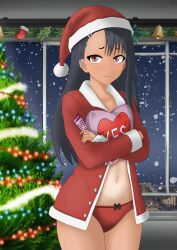  1girl absurdres black_hair bow bow_panties brown_eyes buttons christmas christmas_ornaments christmas_tree closed_mouth collarbone collared_shirt cowboy_shot crossed_arms earclip female_focus hair_ornament hairclip hat heart heart-shaped_pillow highres ijiranaide_nagatoro-san indoors long_hair long_sleeves looking_at_viewer matz midriff nagatoro_hayase navel open_clothes open_shirt panties pilloiw pillow red_hat red_panties santa_hat shirt snow solo thighhighs thighs underwear window 