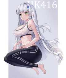 1girl absurdres bare_shoulders barefoot black_legwear blunt_bangs blush bra breasts character_name cleavage covered_erect_nipples floating_hair from_side full_body girls&#039;_frontline green_eyes hair_ornament highres hk416_(girls&#039;_frontline) huge_filesize hyoin large_breasts legs_up linea_alba long_hair looking_at_viewer midriff narrow_waist navel open_mouth outside_border pants see-through sidelocks silver_background silver_hair simple_background solo sports_bra sportswear teardrop_tattoo thighs underwear very_long_hair water_drop wet wet_bra wet_clothes white_bra wide_hips x_hair_ornament yoga_pants rating:Questionable score:41 user:danbooru