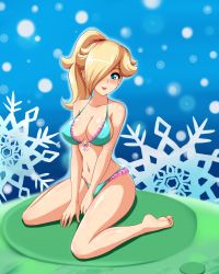  1girl absurdres alternate_hairstyle aqua_eyes barefoot between_legs bikini blonde_hair blue_eyes blush breasts cleavage feet frilled_bikini frills front-tie_bikini_top front-tie_top hair_over_one_eye hand_between_legs highres large_breasts long_hair looking_at_viewer mario_(series) navel nintendo open_mouth ponytail rosalina sigurd_hosenfeld sitting smile soles solo star_(symbol) super_mario_bros._1 super_mario_galaxy swimsuit third-party_edit toes v_arms wariza  rating:Questionable score:34 user:Bowser2468