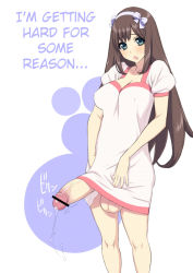 blouse blush breasts brown_hair covered_erect_nipples cum foreskin futanari green_eyes hairband hard-translated huge_penis large_breasts legs long_hair penis shirt solo testicles third-party_edit translated uno_makoto rating:Explicit score:221 user:StolenTranslations