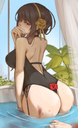  1girl 1other absurdres ass bathtub black_hair black_one-piece_swimsuit blood blood_on_ass breasts corpse curtains death from_behind gold_hairband hairband highres indoors jewelry large_breasts murder one-piece_swimsuit partially_submerged red_eyes ring sidelocks solo_focus spy_x_family swimsuit water wet yor_briar yui_wang_77 