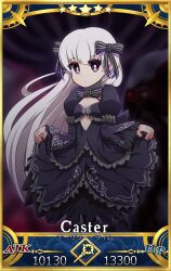  1girl artoria_pendragon_(all) artoria_pendragon_(fate) black_bow black_dress black_footwear black_pantyhose bow breasts card_(medium) card_parody cleavage closed_mouth commentary_request cosplay dress fate/extra fate/grand_order fate_(series) fur-trimmed_footwear fur_trim gothic_lolita grey_hair hair_bow high_heels highres juliet_sleeves lolita_fashion long_hair long_sleeves looking_at_viewer nursery_rhyme_(fate) pantyhose puffy_sleeves purple_eyes saber_alter saber_alter_(cosplay) shoes skirt_hold sleeves_past_wrists small_breasts solo star_(symbol) striped_bow very_long_hair wide_sleeves yuya090602 