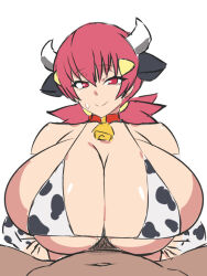 1boy 1girl animal_print bell bikini breast_press breasts clothed_female_nude_male collar cow_print dd_(giogio99) hetero highres horns huge_breasts nude paizuri paizuri_under_clothes penis red_hair smile swimsuit tagme upper_body rating:Explicit score:31 user:jojosstand
