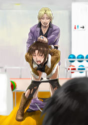  1girl 2boys azasuke ball bdsm bent_over black_hair black_lagoon black_pantyhose black_shirt blonde_hair blouse boots bound bound_wrists bowling_alley bowling_ball brown_hair chaka_(black_lagoon) clothed_sex clothes_pull cuffs doggystyle facial_hair grabbing_another&#039;s_hair grin half-closed_eyes handcuffs hetero highres indoors jewelry multiple_boys necklace netorare okajima_rokuro out_of_character panties pants pants_pull panty_pull pantyhose piercing revy_(black_lagoon) ring sex sex_from_behind shirt smile standing standing_sex stubble torn_clothes torn_legwear underwear  rating:Explicit score:232 user:Ngr9000
