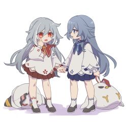  2girls aged_down akanbe alternate_costume black_footwear blue_eyes blue_skirt chinese_commentary commentary_request eyelid_pull fu_hua fu_hua_(herrscher_of_sentience) full_body grey_hair highres holding_hands honkai_(series) honkai_impact_3rd long_hair looking_at_another multicolored_hair multiple_girls open_mouth pleated_skirt red_eyes red_skirt shirt shoes simple_background skirt socks standing tongue tongue_out two-tone_hair very_long_hair white_background white_hair white_shirt white_socks zhaonan 