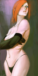  1girl black_gloves black_panties blue_eyes blush breasts character_request cowboy_shot crossed_arms cuson elbow_gloves face freckles gloves highleg highleg_panties highres lips medium_breasts navel nipples orange_hair panties parted_lips small_breasts solo standing topless underwear  rating:Questionable score:18 user:danbooru