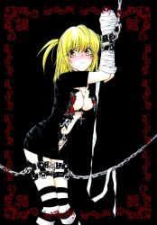  amane_misa bandages bdsm blonde_hair blush bondage bound breasts chain cleavage cuffs death_note earrings jewelry necklace rosary striped sweat thighhighs torn_clothes  rating:Explicit score:38 user:DARKCLUD