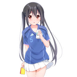  1girl :o arm_behind_back black_hair blue_shirt blush can commentary_request cowboy_shot dresstrip hand_up holding holding_can k-on! long_hair looking_at_viewer nakano_azusa parted_lips pleated_skirt red_card red_eyes shirt short_sleeves simple_background skirt soccer_uniform solo sportswear standing twintails white_background white_skirt yellow_card  rating:Sensitive score:14 user:danbooru