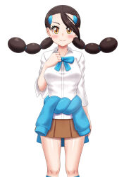  1girl black_hair blue_bow blue_bowtie blue_sweater blush bow bowtie breasts brown_skirt candice_(pokemon) closed_mouth clothes_around_waist collared_shirt commentary_request creatures_(company) els_(ljhlee12) eyelashes game_freak hand_up highres kneehighs knees korean_commentary long_hair medium_breasts multi-tied_hair nintendo pleated_skirt pokemon pokemon_dppt shiny_skin shirt simple_background skirt smile socks solo sweater sweater_around_waist twintails white_background white_shirt 