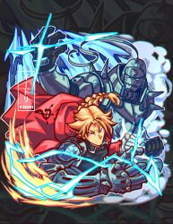  2boys alphonse_elric armor blonde_hair braid braided_ponytail brothers closed_mouth coat commission edward_elric eidori electricity full_armor fullmetal_alchemist highres hood hooded_coat looking_at_viewer male_focus mechanical_arms multiple_boys red_coat siblings sidelocks single_mechanical_arm 