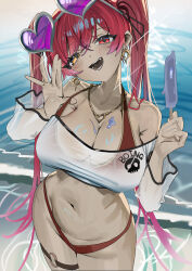  1girl absurdres bare_shoulders bikini bikini_under_clothes black_ribbon blush breasts clothes_writing crossed_bangs earrings eyewear_on_head fang food hair_between_eyes hair_ribbon heart heart-shaped_eyewear heart_necklace heterochromia highres hololive houshou_marine houshou_marine_(summer) jewelry large_breasts long_hair looking_at_viewer melting mitsuki3s_kir necklace o-ring o-ring_thigh_strap open_mouth orange_eyes popsicle red_bikini red_eyes red_hair ribbon solo sparkle sunglasses swimsuit thigh_strap twintails virtual_youtuber water  rating:Sensitive score:14 user:danbooru