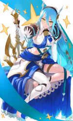  1girl aduti_momoyama axe azura_(fire_emblem) azura_(song&#039;s_reflection)_(fire_emblem) barefoot blue_hair breasts clothing_cutout dress fake_horns feet fingerless_gloves fire_emblem fire_emblem_fates fire_emblem_heroes gloves hair_between_eyes hairband highres horns jewelry juliet_sleeves long_hair long_sleeves looking_at_viewer medium_breasts nintendo official_alternate_costume puffy_sleeves smile solo stomach_cutout toes veil very_long_hair yellow_eyes 
