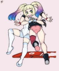  2girls adapted_costume alternate_hairstyle black_footwear black_nails blush boots chair commentary creatures_(company) ddt_(wrestling) death_rider_(wrestling) elbow_pads english_commentary eyelashes folding_chair game_freak green_eyes hair_tie highres kneepits leotard lillie_(pokemon) marnie_(pokemon) multicolored_hair multiple_girls nail_polish nintendo open_mouth over-kneehighs own_hands_together pink_background pink_leotard pokemon pokemon_sm pokemon_swsh pussy randomboobguy red_legwear shoes signature single_thighhigh teeth thighhighs tongue trembling twintails white_legwear wrestling wrestling_outfit wristband  rating:Questionable score:52 user:danbooru