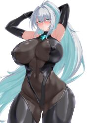  1girl aqua_eyes arms_up black_ark_ranger_(nikke) black_bodysuit blush bodysuit breasts covered_erect_nipples covered_navel cowboy_shot cream_cod elbow_gloves gloves goddess_of_victory:_nikke hair_intakes highres huge_breasts impossible_bodysuit impossible_clothes long_hair looking_at_viewer simple_background skin_tight standing thighs very_long_hair white_background white_hair 