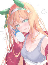  1girl animal_ears blush bottle breasts breath cleavage ear_covers green_eyes hairband hand_up head_tilt holding holding_bottle horse_ears jacket long_hair looking_at_viewer off_shoulder open_clothes open_jacket open_mouth orange_hair pulp_piroshi red_jacket silence_suzuka_(umamusume) small_breasts smile solo sports_bra sweat umamusume upper_body water_bottle 