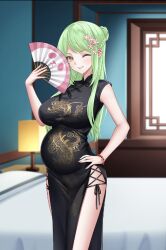  1girl bed breasts china_dress chinese_clothes dress fan game_cg green_hair hair_ornament indoors large_breasts lee_xiangli long_hair looking_at_viewer nijigen_kanojo offscreen_male one_eye_closed pregnant smile wink 