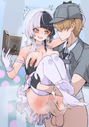  1boy 1girl after_kiss black_hair blush book breasts brown_hair carrying carrying_person choker cum cum_in_pussy formal gloves grabbing grabbing_another&#039;s_breast grey_hair heart heart-shaped_pupils hetero highres holding holding_book hololive hololive_english lace lace-trimmed_choker lace_choker lace_trim large_breasts long_hair moral_cacoethes multicolored_hair nipples open_mouth penis princess_carry pussy saliva saliva_trail sex shiori_novella shiori_novella_(1st_costume) short_hair smile split-color_hair suit symbol-shaped_pupils two-tone_hair uncensored vaginal virtual_youtuber yellow_eyes  rating:Explicit score:165 user:danbooru