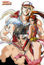1990s_(style) 1girl 3boys andy_bogard blonde_hair blue_eyes brown_eyes brown_hair fatal_fury folded_fan folding_fan hand_fan hat headband joe_higashi long_hair multiple_boys official_art oobari_masami pelvic_curtain ponytail red_hair retro_artstyle revealing_clothes shiranui_mai short_hair simple_background snk terry_bogard the_king_of_fighters rating:Questionable score:7 user:danbooru