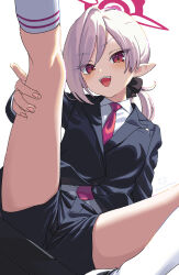  1girl absurdres aida_takanobu black_shorts blue_archive collared_shirt formal grey_hair halo highres leg_grab long_hair long_sleeves looking_at_viewer mutsuki_(blue_archive) mutsuki_(suit)_(blue_archive) necktie official_alternate_costume open_mouth pointy_ears ponytail red_halo red_necktie shirt shorts simple_background solo spread_legs suit white_background white_shirt  rating:Sensitive score:13 user:danbooru