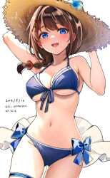  1girl :d ahoge bikini blue_bikini blue_eyes braid breasts brown_hair cleavage commentary_request dated flower front-tie_bikini_top front-tie_top hair_flaps hair_over_shoulder halterneck hanako_(peanut) hands_on_headwear hat hat_flower highres kantai_collection large_breasts long_hair navel official_alternate_costume open_mouth shigure_(kancolle) shigure_kai_san_(kancolle) shigure_kai_san_(swimsuit)_(kancolle) side-tie_bikini_bottom single_braid smile solo straw_hat sun_hat swimsuit white_background 