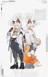 2022 absurdres animal_ears artist_name barcode black_footwear black_gloves black_pants colored_tongue copyright_notice copyright_request fluffy full_body gloves grey_background grey_shirt highres horns jacket looking_at_viewer looking_back midriff off_shoulder open_clothes open_jacket open_mouth orange_hair orange_theme orange_tongue pants shirt shoes short_hair simple_background standing tail toriki white_hair white_jacket